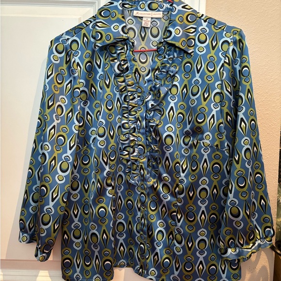 Patterned Blue Ruffle Blouse - Picture 1 of 7